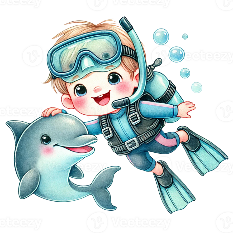 A joyful child scuba diving with a dolphin underwater. png