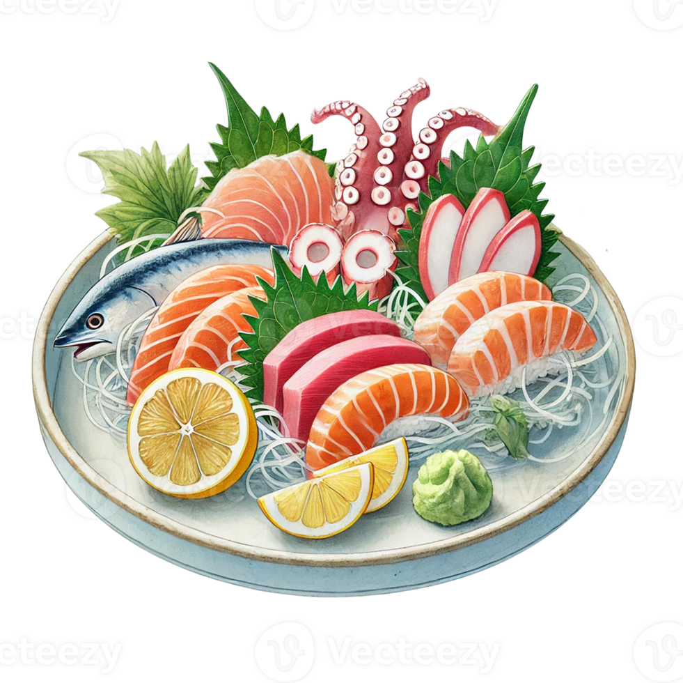 A beautiful display of fresh sushi on a traditional plate. png