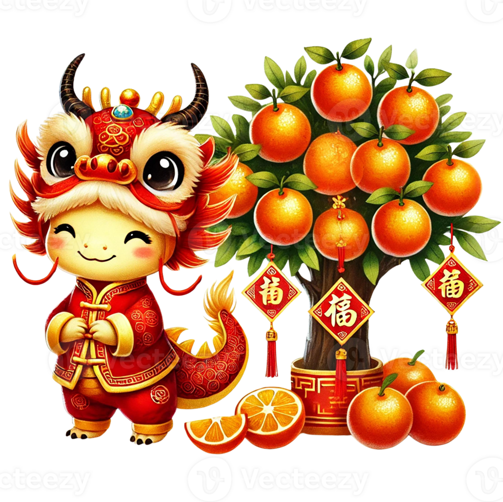 A cheerful dragon character surrounded by orange trees and fruits. png