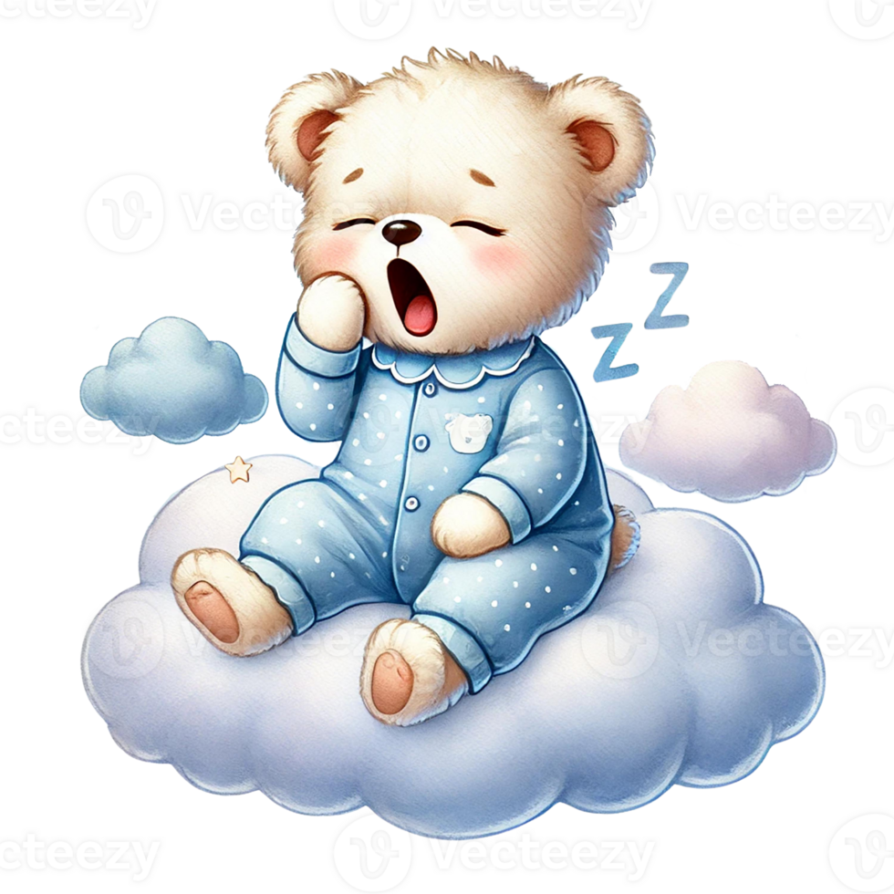 Cute bear cub yawning peacefully on a fluffy cloud. png
