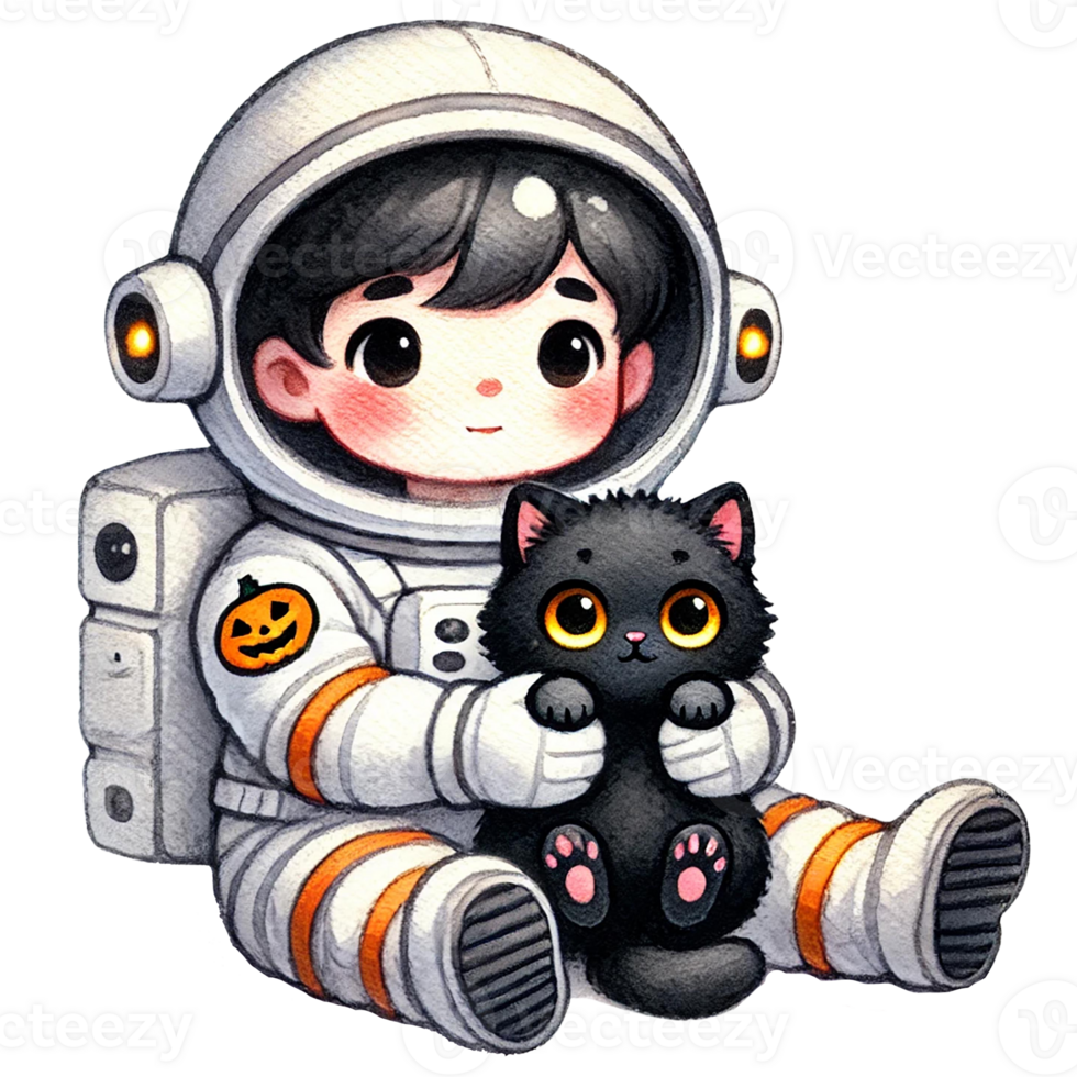 A cute astronaut holding a black cat, perfect for kids' themes. png