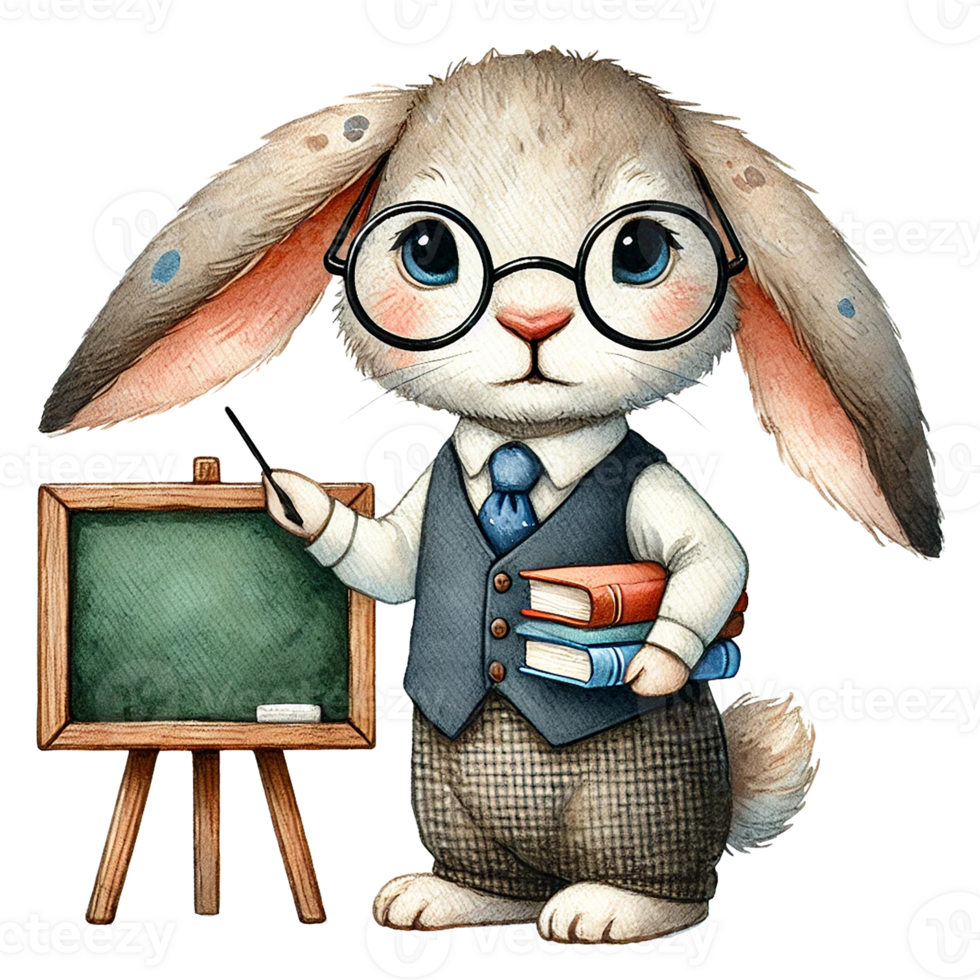 A cute rabbit character wearing glasses and holding books. png