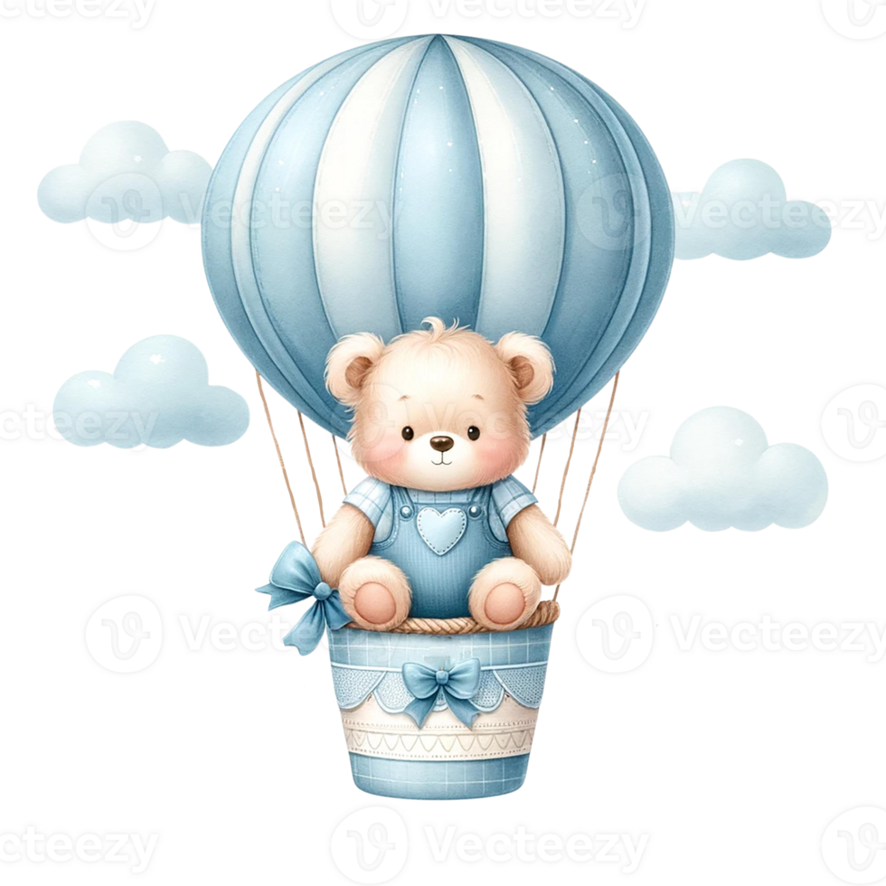 Cute bear in a blue hot air balloon surrounded by clouds. png