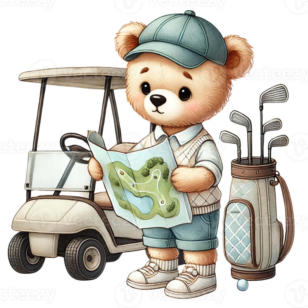 Cute bear exploring a golf course with map and golf equipment. png