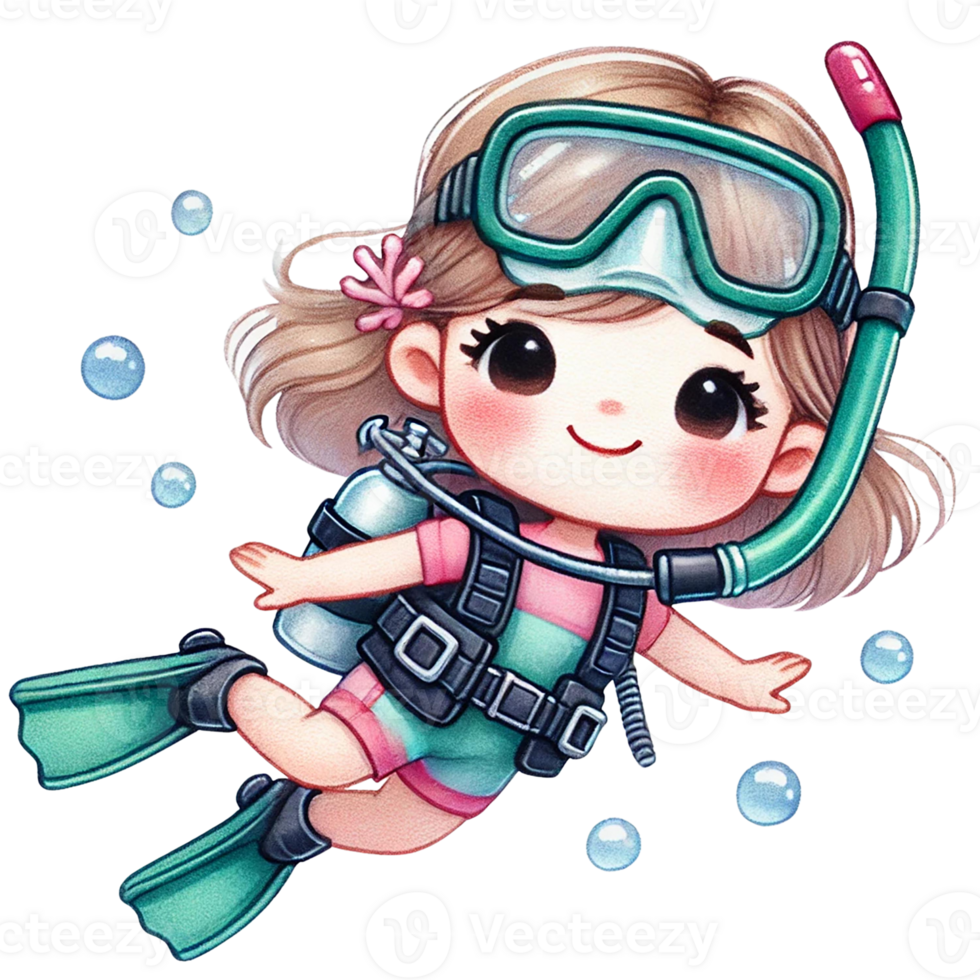 Cute cartoon girl diving underwater with snorkeling gear. png