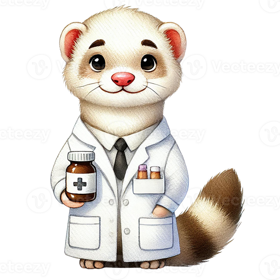 Adorable cartoon ferret dressed as a doctor holding medicine. png