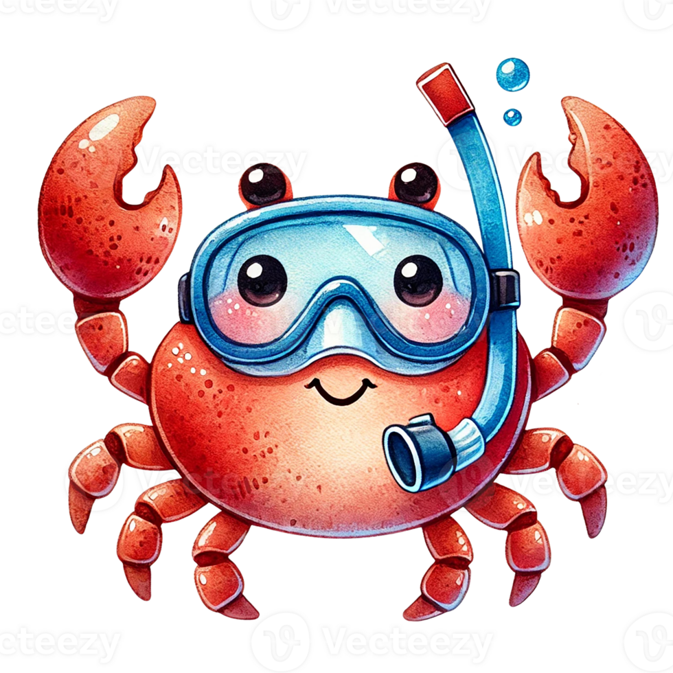 A cheerful crab wearing a snorkeling mask, ready for adventure. png
