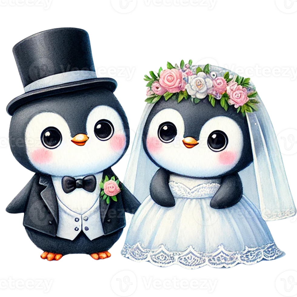 Charming cartoon penguins in wedding attire celebrating love. png