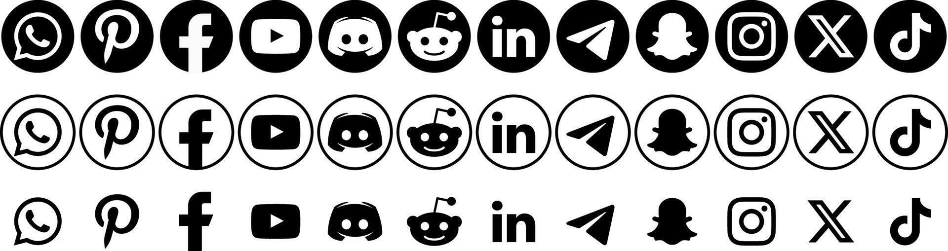 Social media app logo icons for Facebook, Twitter, Instagram, TikTok, Snapchat, YouTube, and WhatsApp in a minimalist flat style and round transparent background vector