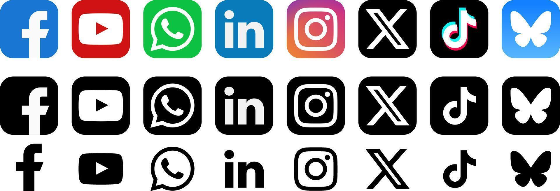 Latest social media logo icon set updated in 2025 minimalist flat style. Bluesky, Facebook, Instagram, Tiktok, X, LinkedIn, WhatsApp, Threads, YouTube, Vimeo, Viber, Telegram, Snapchat and Pinterest vector