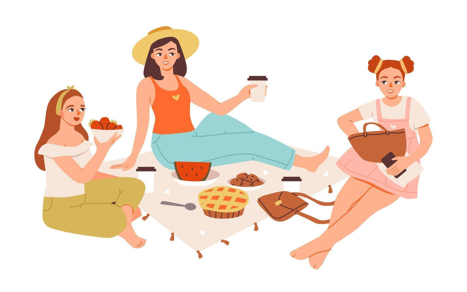 Summer picnic scene with cheerful people enjoying food and nature outdoors. Cozy alfresco gathering in a park. Flat illustration. vector