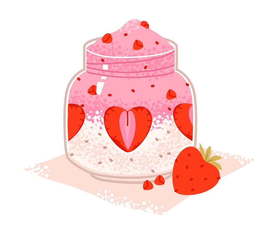 Strawberry smoothie in a fresh tropical style with juicy berries and a creamy texture. Refreshing fruit drink with strawberries, blended cream, and organic ingredients. Flat illustration. vector