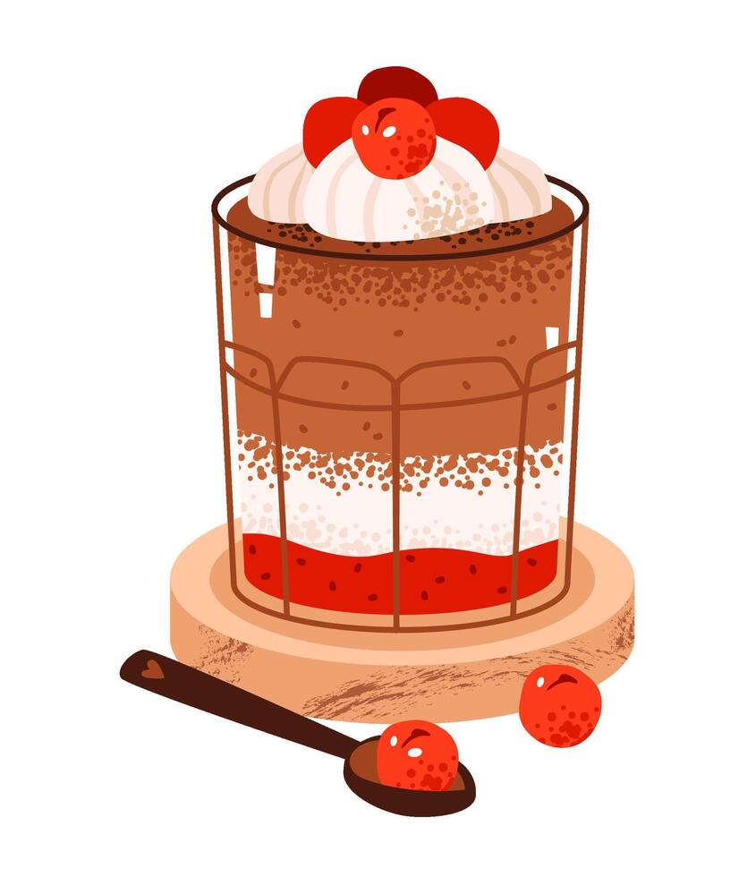 Cherry chocolate smoothie with creamy texture. Delicious detox drink with cherry, chocolate, and dairy, perfect for summer menus and nutrition themes. Flat illustration. vector