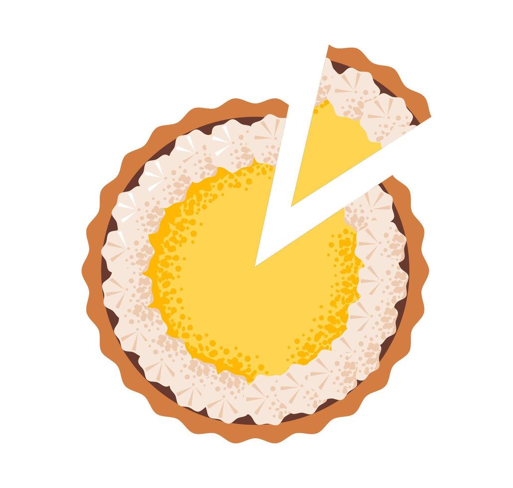 Tasty lemon cake with whipped icing and golden crust. Bright, cozy dessert for summer or breakfast. Flat illustration. vector