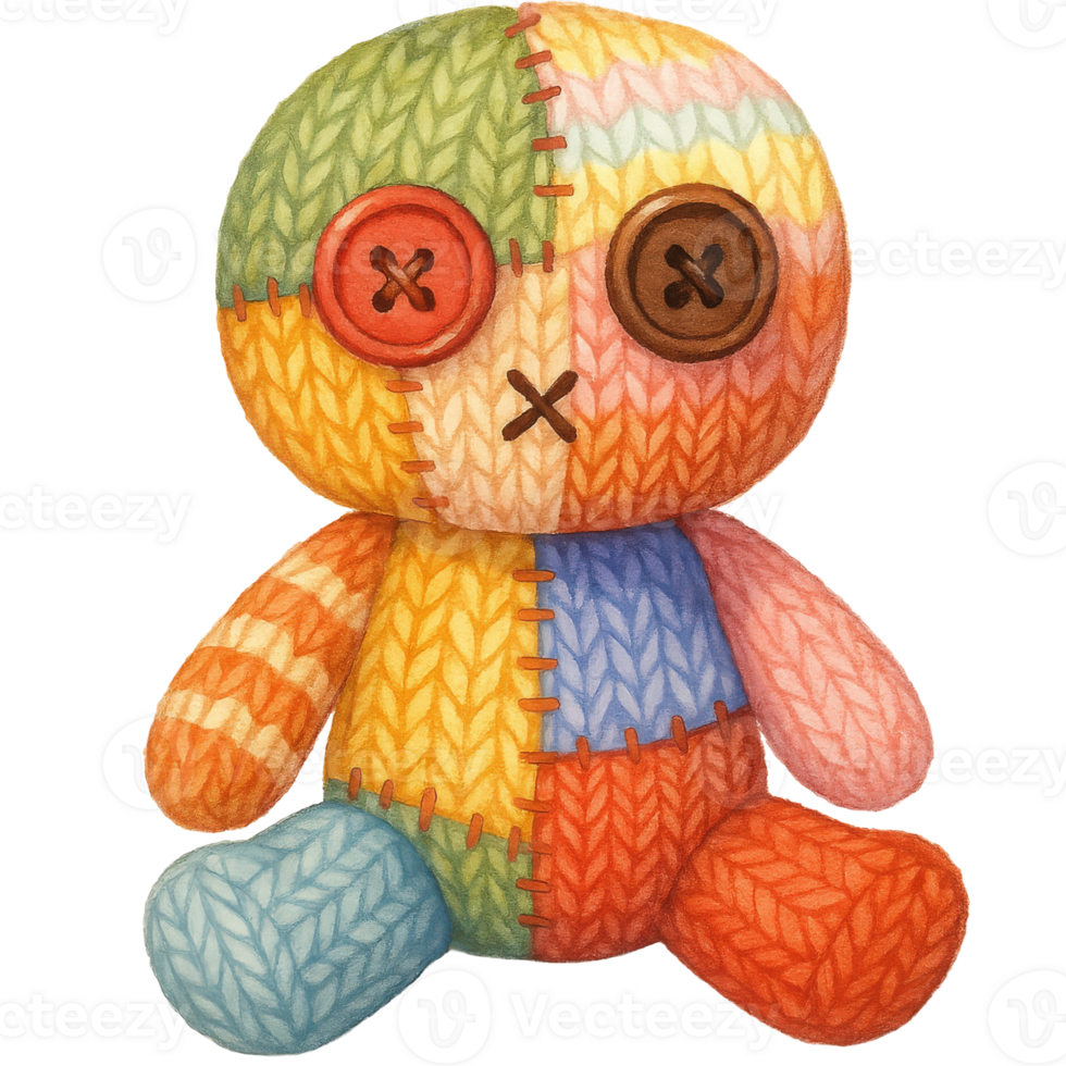 Patchwork toy, colorful doll, knitted toy, handmade toy, rag doll, png