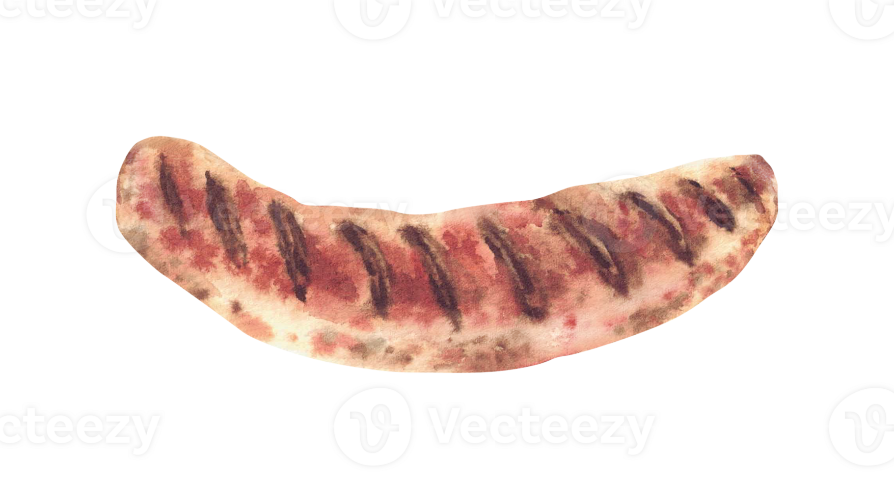 Grilled sausage. Bavarian food, traditional beer festival Oktoberfest appetizer. Watercolor hand drawn barbecue meal, unhealthy fast food eating Isolated from background illustration for menu, sticker png
