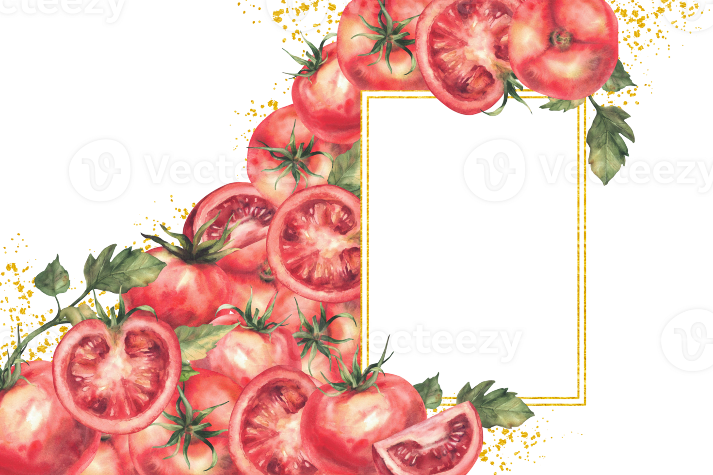 Watercolor Tomatoes golden frame with rectangular text space. Watercolor vegetables whole and sliced red fruit and leaves. Realistic isolated hand drawn illustration for canned food label, sauce, menu png