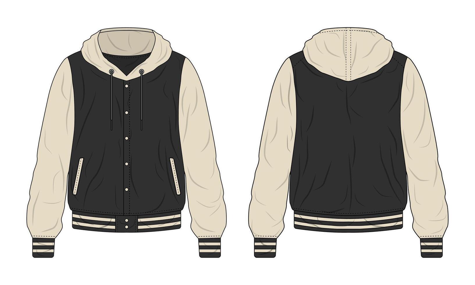 Black and beige hoodie varsity jacket template vector