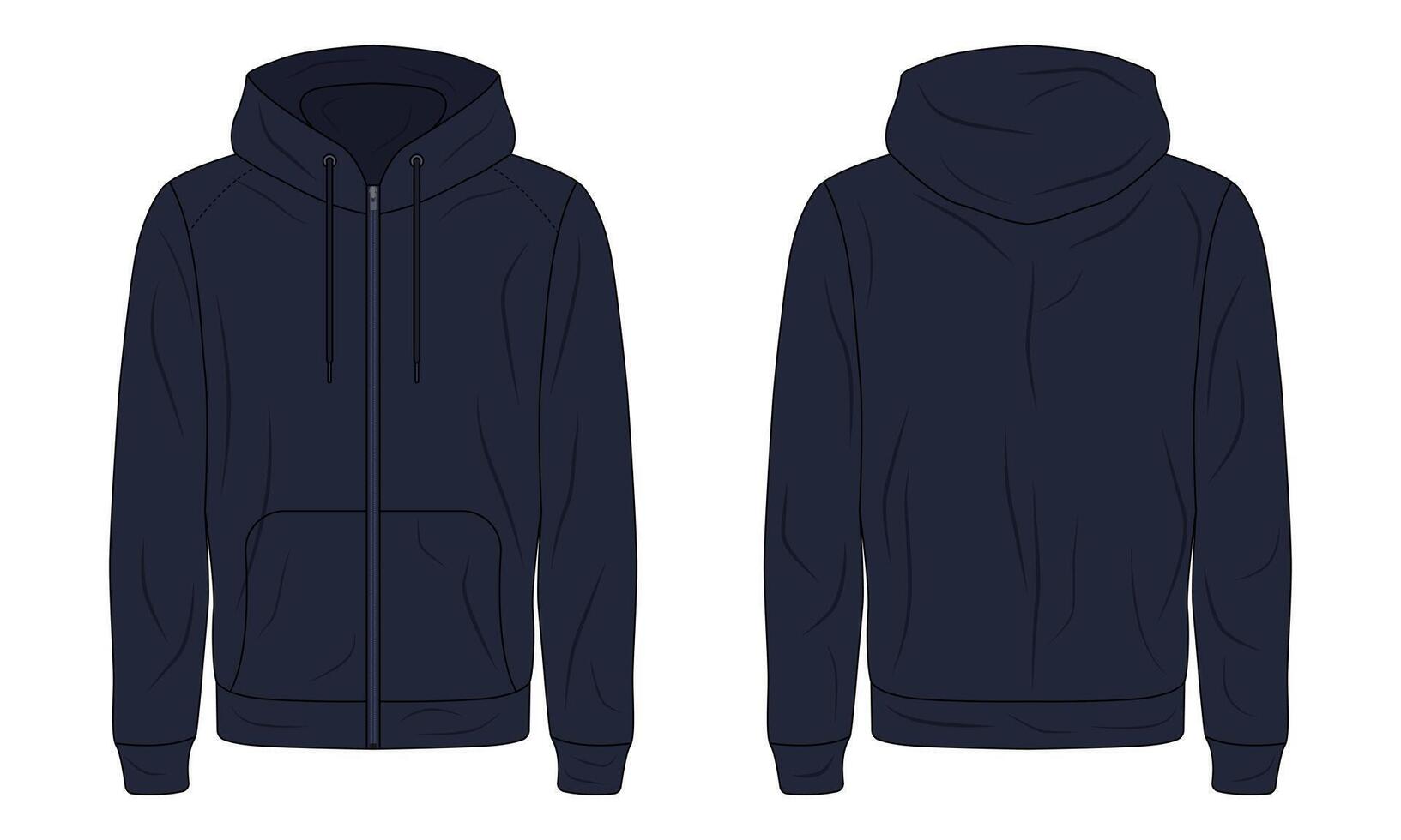 Navy blue hoodie jacket front and back view vector