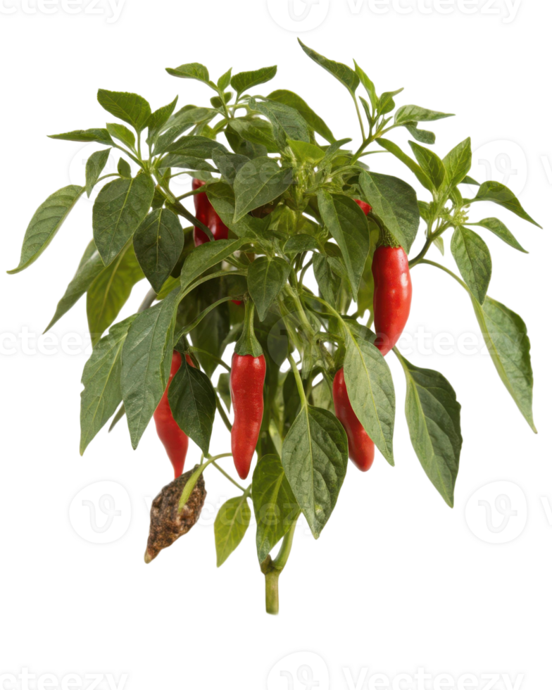 Red chili pepper plant growing in soil with green leaves on a transparent isolated background png