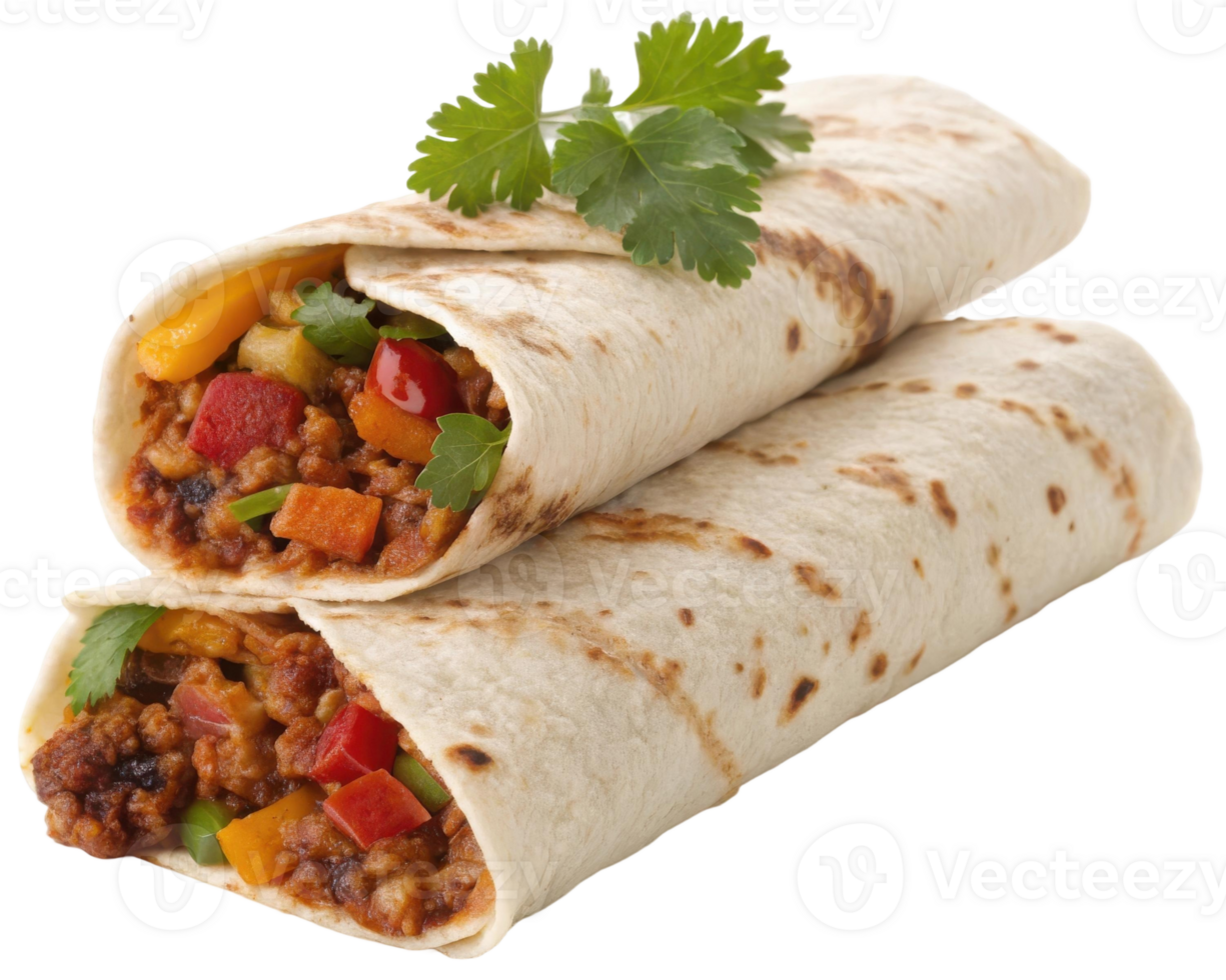 Two delicious burritos stacked on top of each other filled with meat and vegetables on a transparent background png
