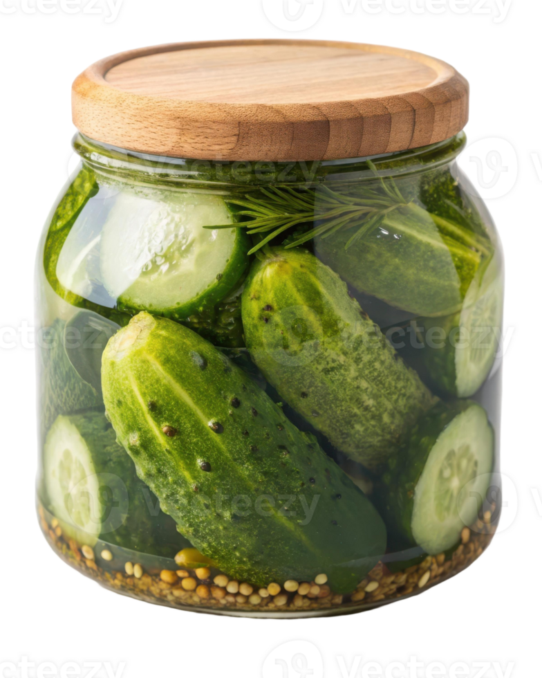 Glass jar filled with pickled cucumbers dill and spices with a wooden lid on a transparent background png