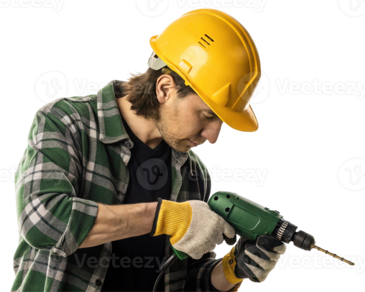 Man in hard hat using drill with gloves on transparent background for construction and home improvement projects png