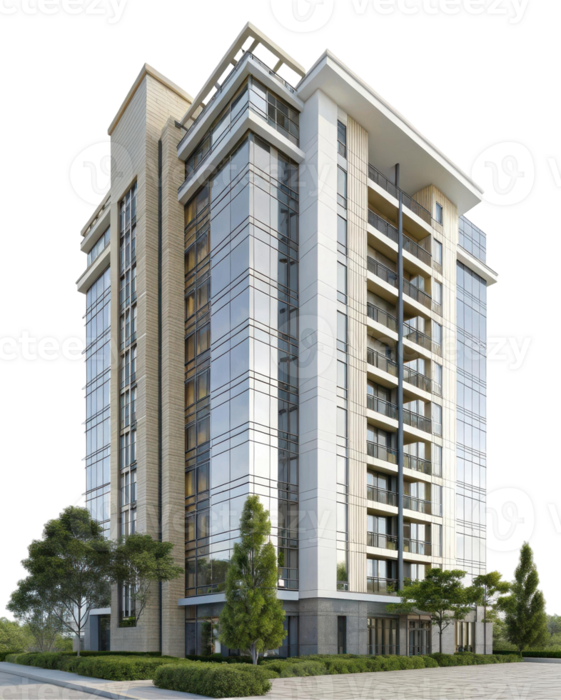 Modern high rise apartment building with glass facade and balconies against a transparent background png