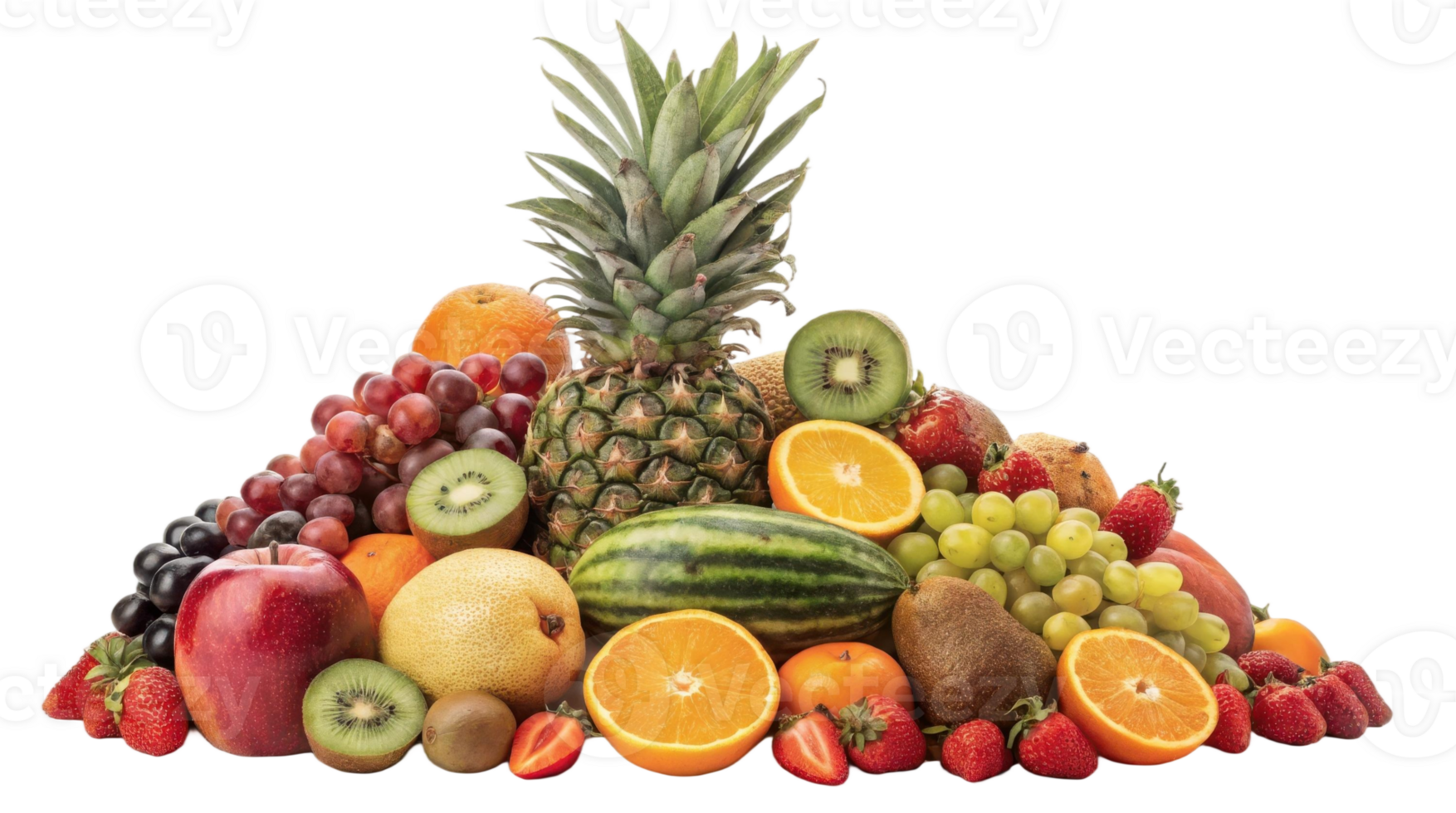 A colorful assortment of fresh fruits including pineapple grapes and strawberries on a transparent background png