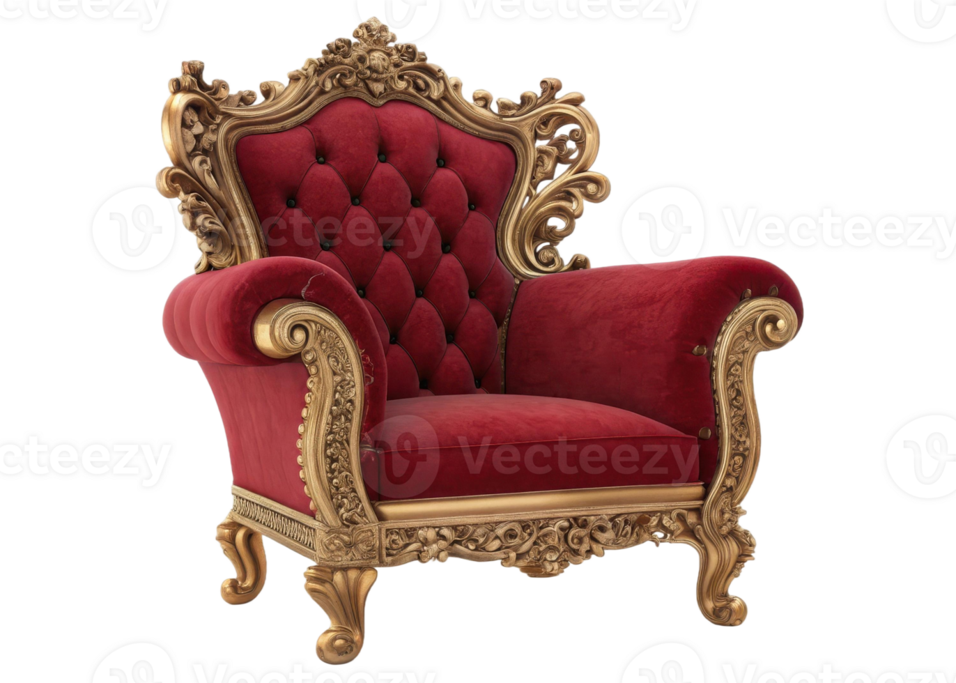 Ornate red velvet armchair with gold trim isolated on transparent background in studio shot png