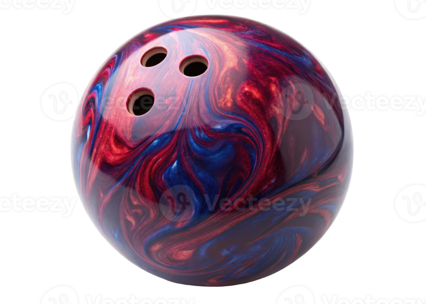 Close up of a bowling ball with red and blue swirls on a transparent background png
