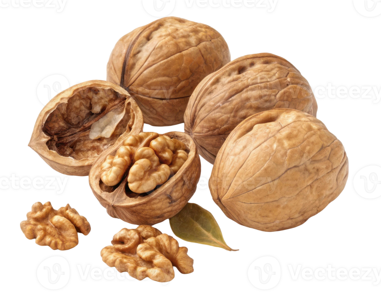 A group of walnuts with some cracked open revealing the nut meat on a transparent background png