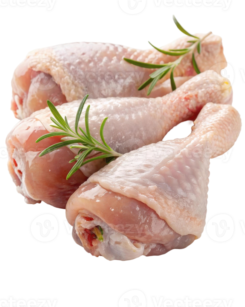 Three raw chicken legs garnished with rosemary sprigs ready for cooking and meal preparation isolated png