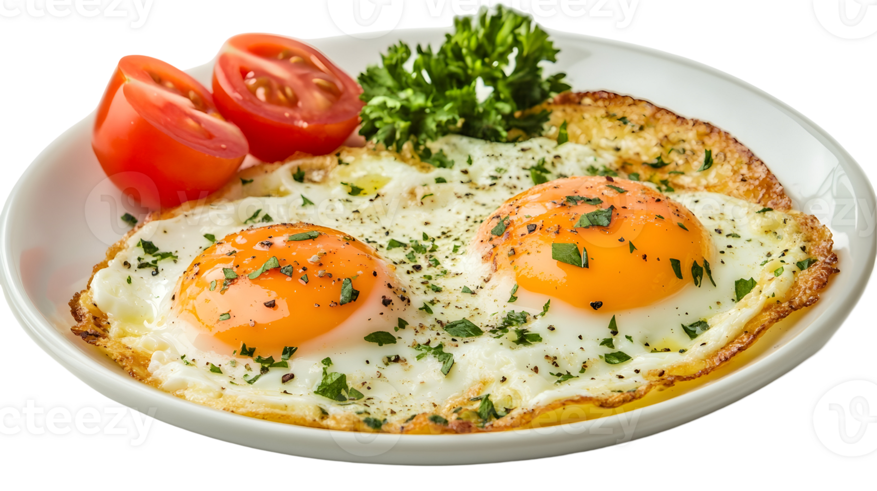 Fried eggs with fresh vegetables and herbs on white plate in bright kitchen setting png