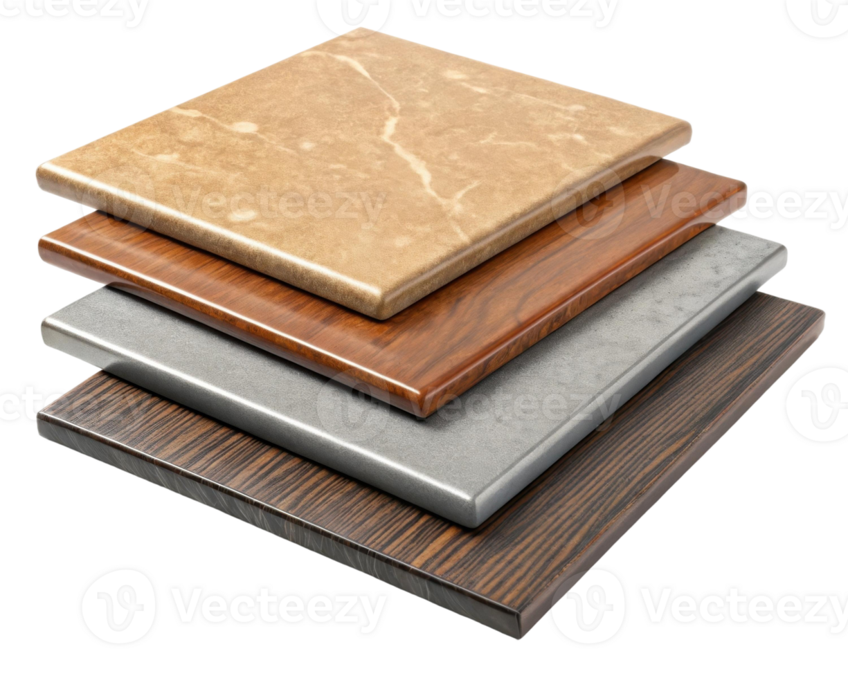 A stack of four square samples of different materials like wood marble and metal textures isolated png