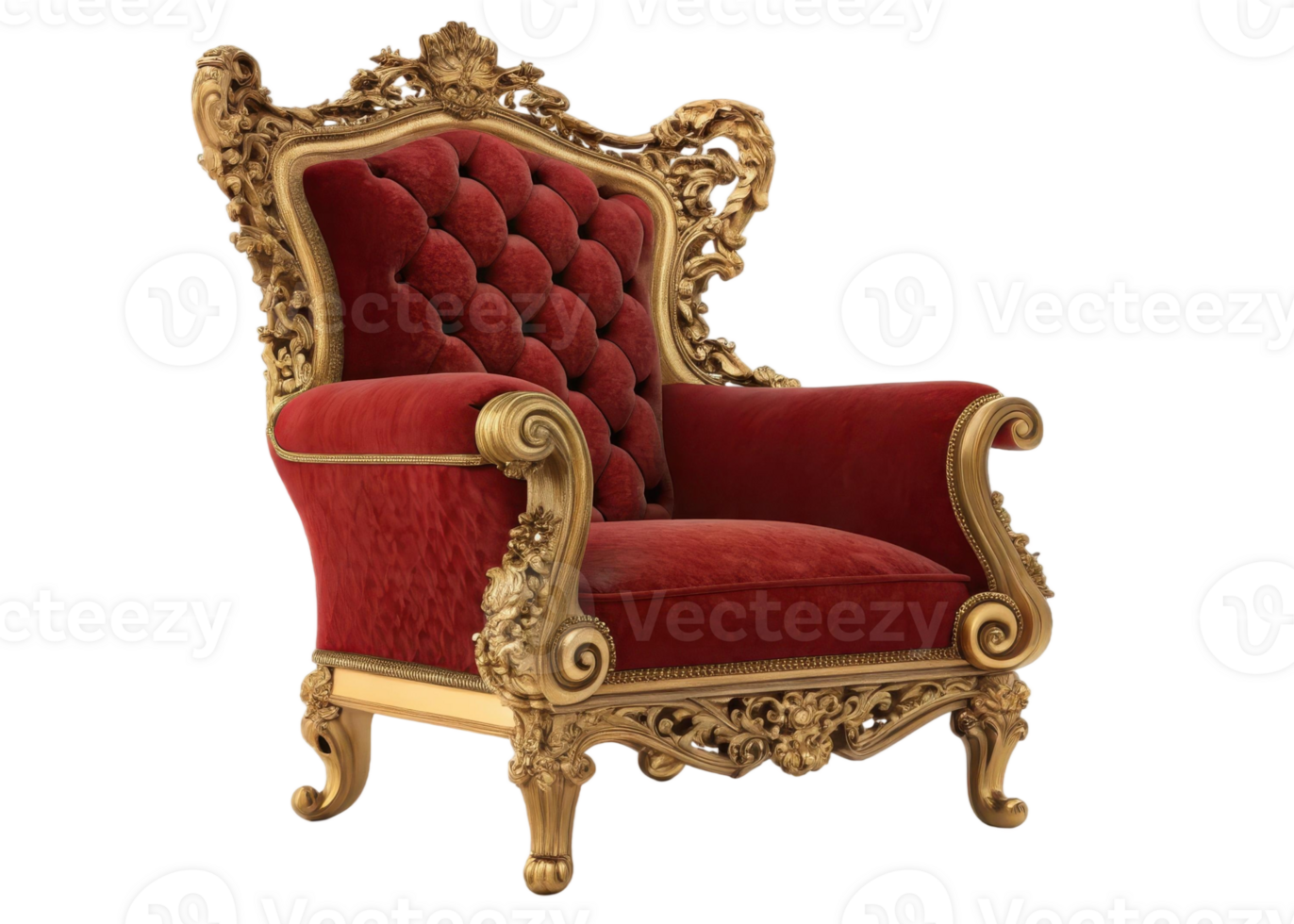 Ornate red velvet armchair with gold trim isolated on transparent background png