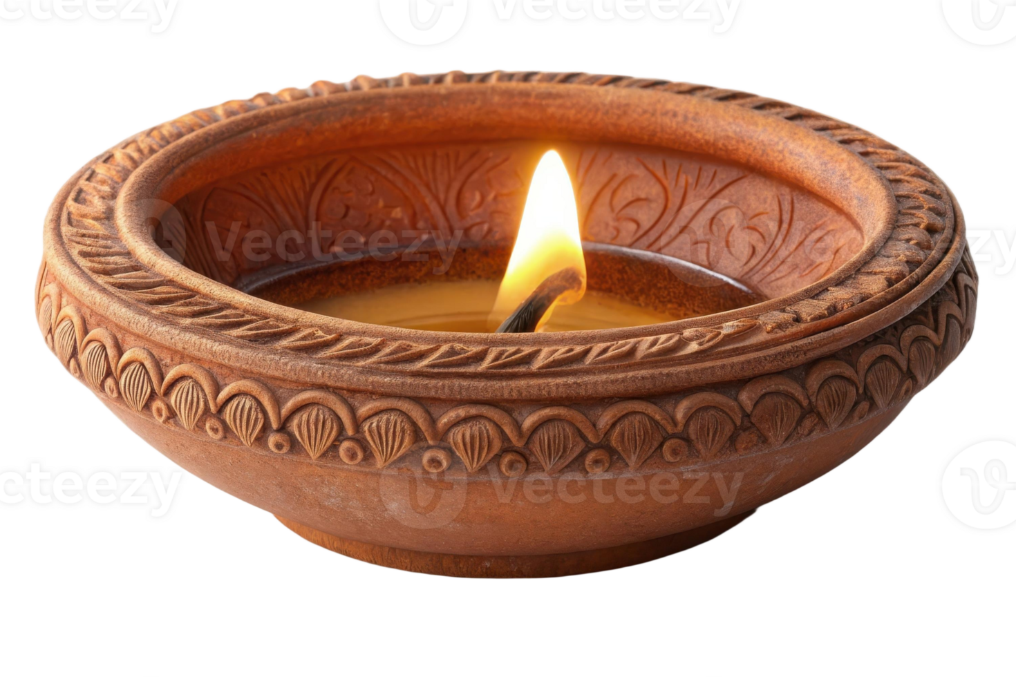 Illuminated diya lamp with intricate carvings in terracotta bowl for festive occasions and celebrations png