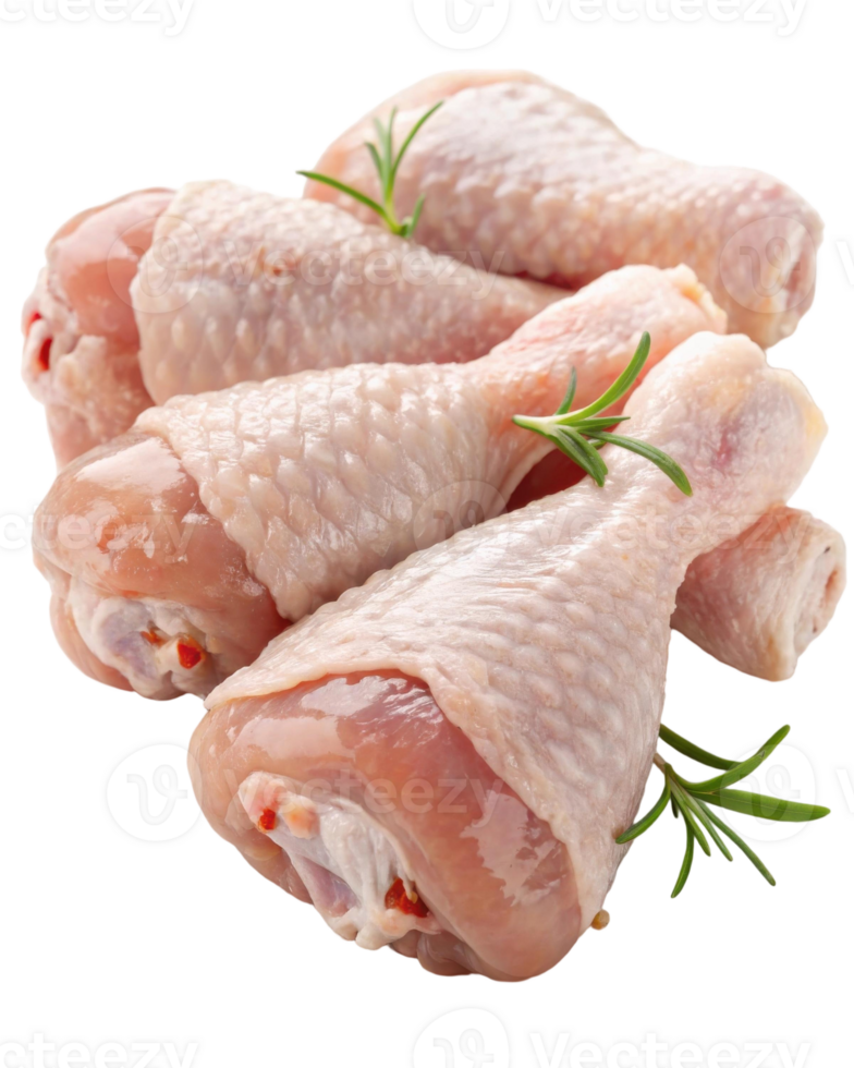 Pile of raw chicken drumsticks garnished with fresh rosemary sprigs on a transparent background close up view png