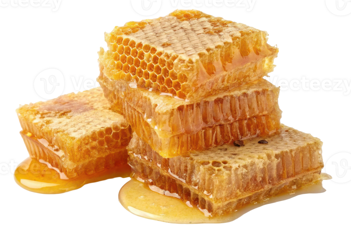 Stacked honeycombs with dripping honey on a transparent background creating a sweet and natural treat png