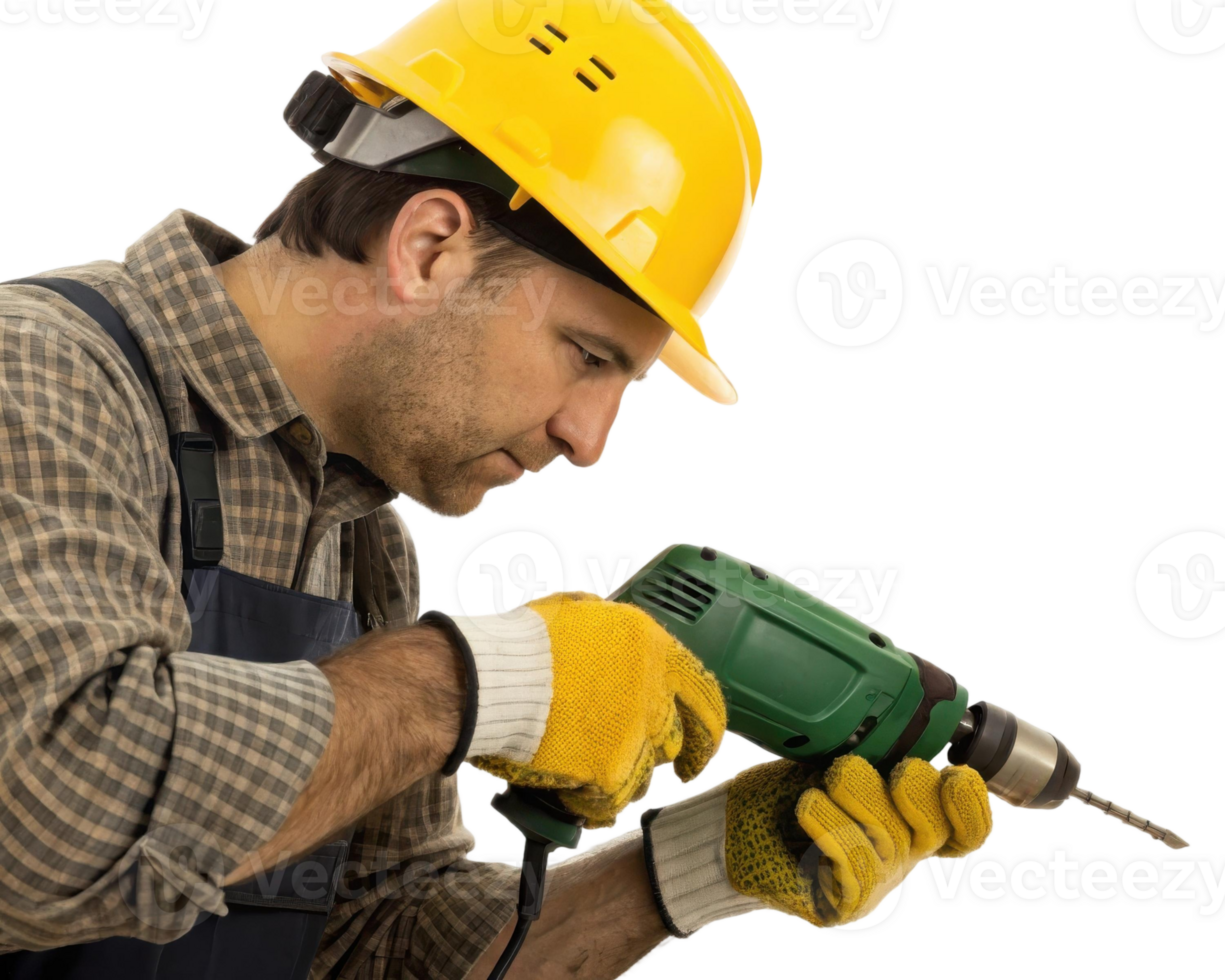 Man in hard hat using power drill for construction or repair work on a transparent background studio shot png