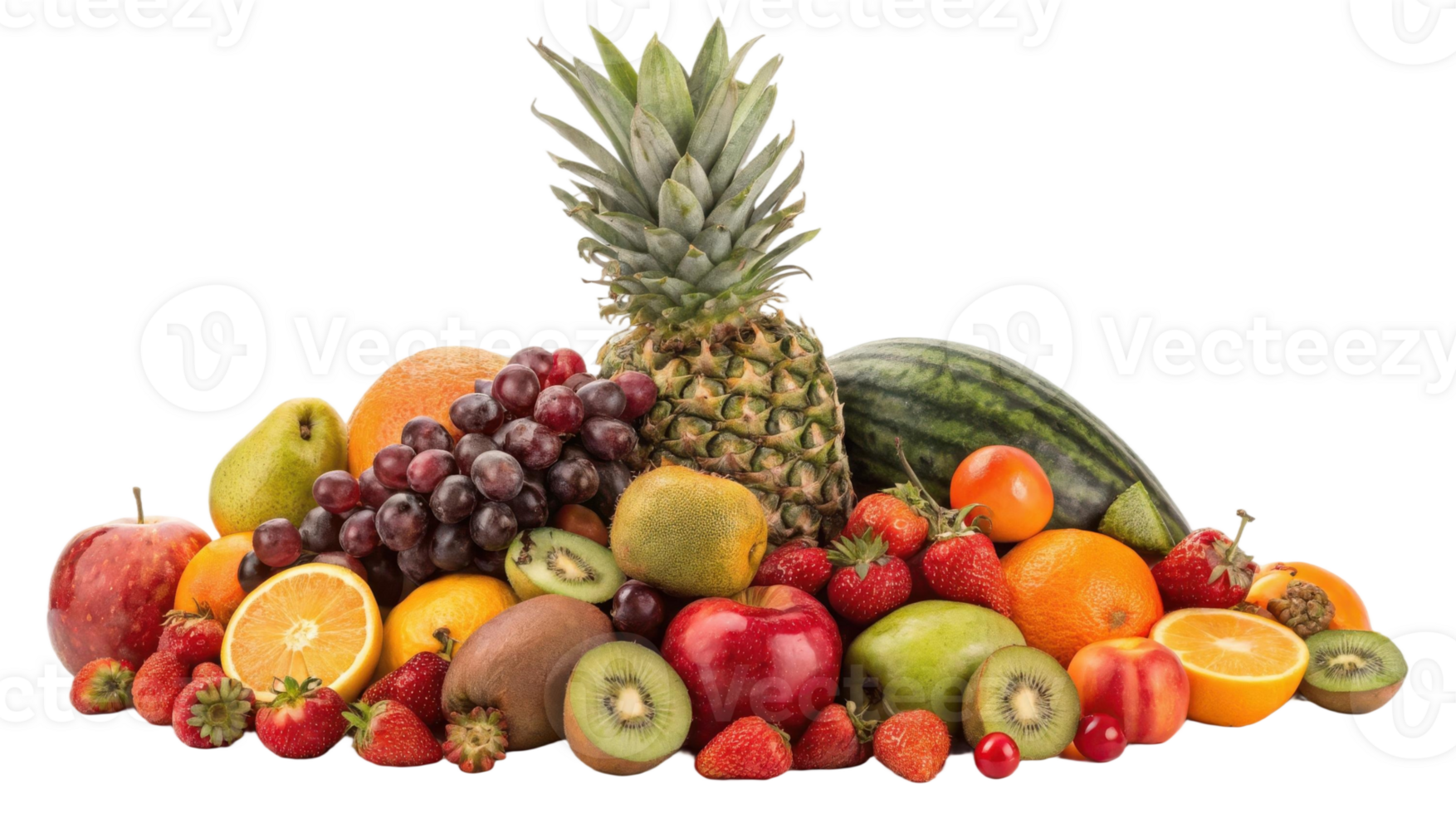 A colorful assortment of fresh fruits including pineapple watermelon and strawberries on transparent background png