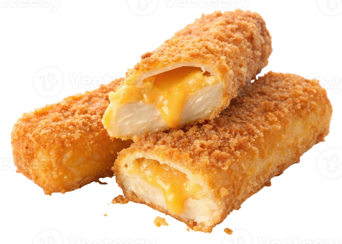 Close up of golden brown fried mozzarella sticks with cheese oozing out on a transparent background png