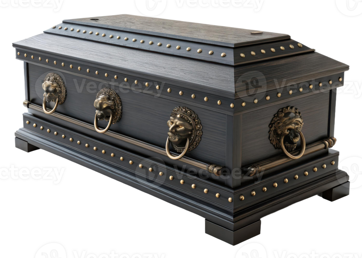 Ornate black coffin with lion head handles and brass studs on a transparent background in a studio setting png