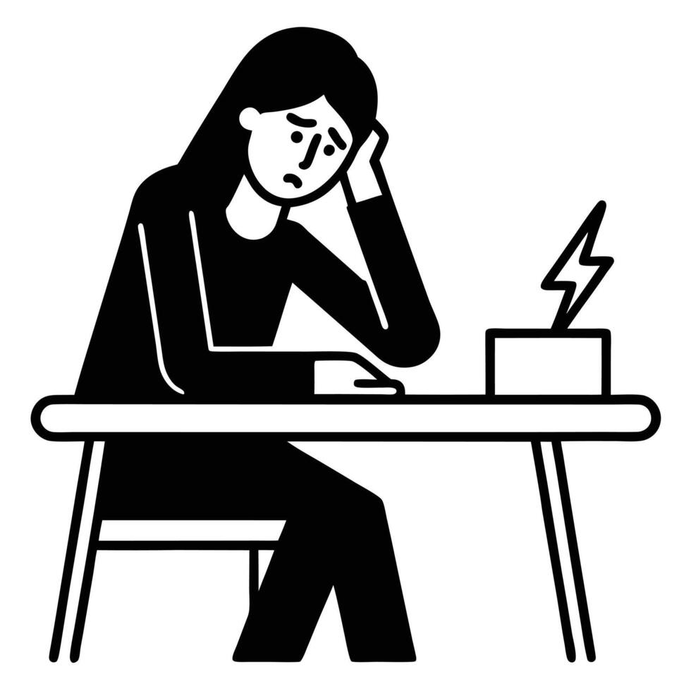 A black and white illustration of a woman sitting at a desk with a laptop vector