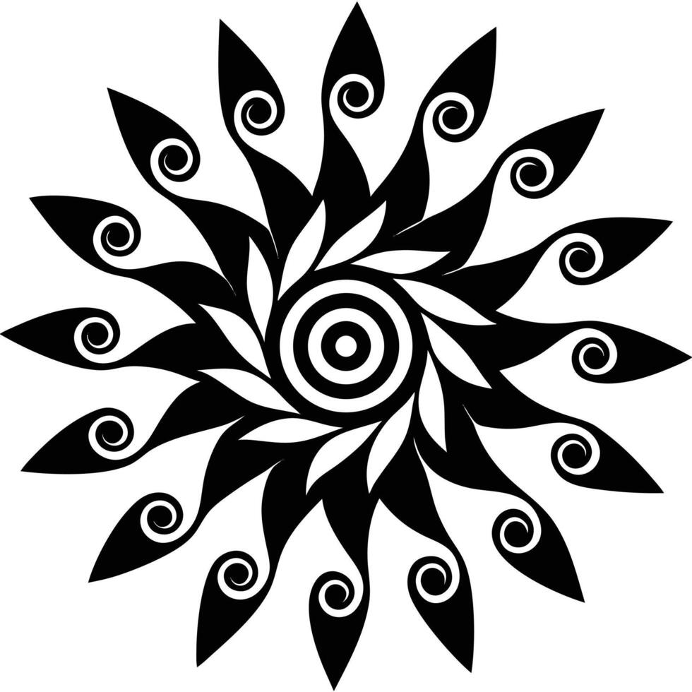 A black and white sun design with swirls vector