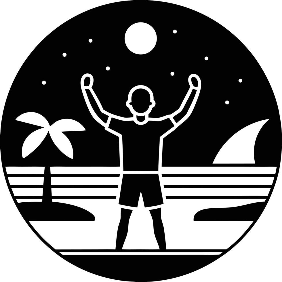 A black and white image of a man standing on the beach with his arms raised vector