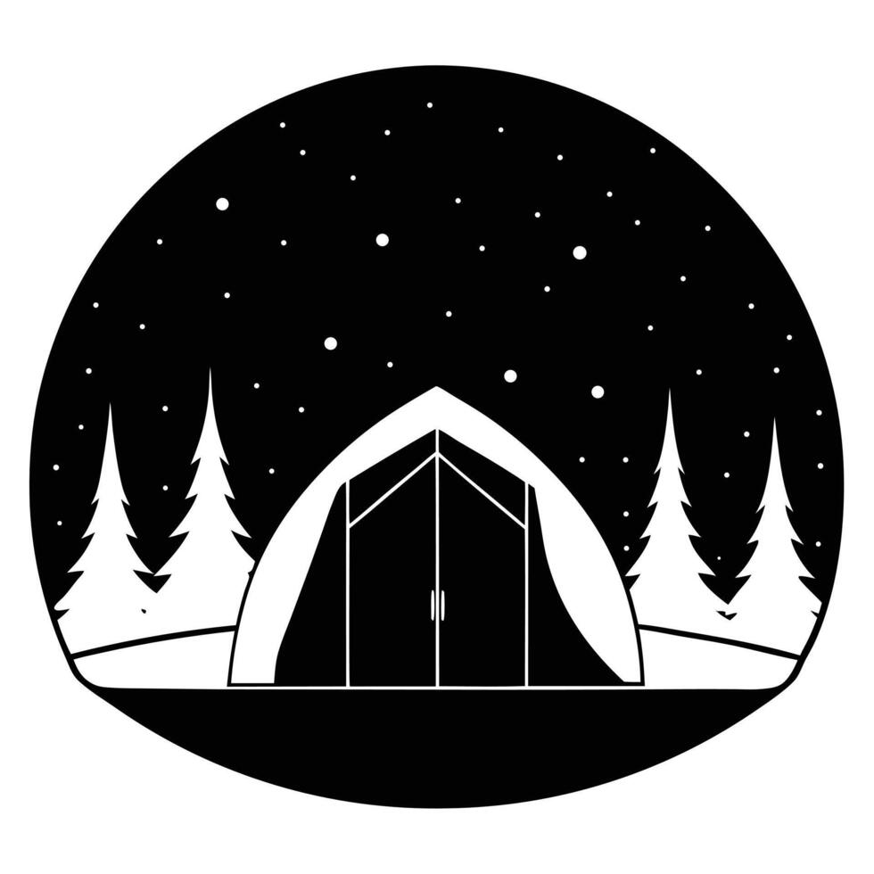A black and white image of a tent in the woods vector