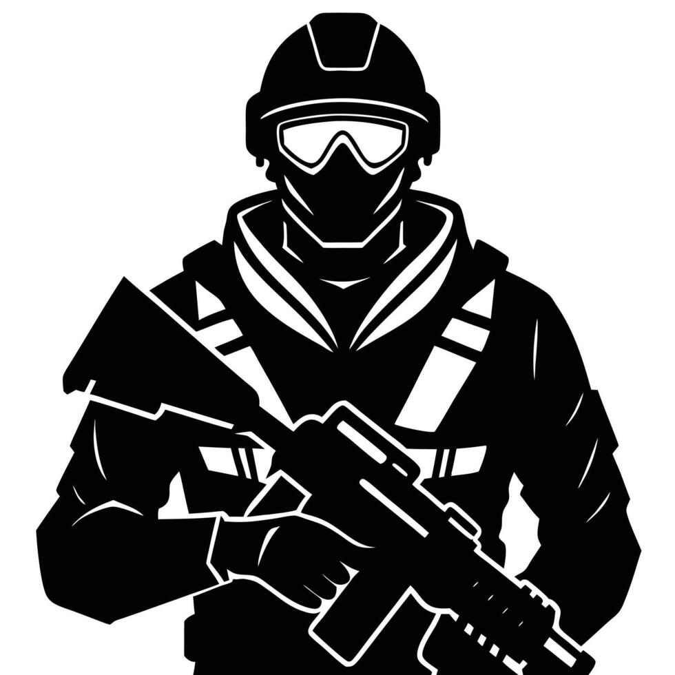 A silhouette of a man with a gun and goggles vector