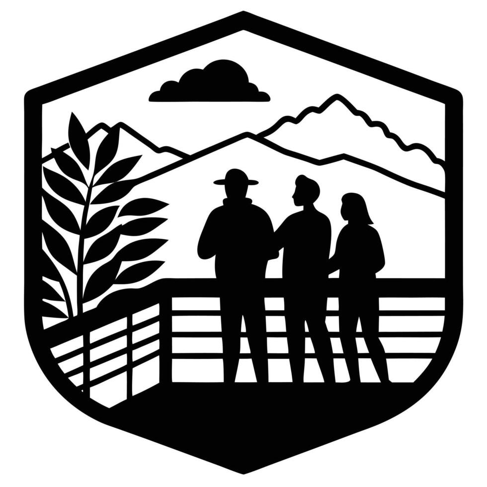 A black and white logo of people standing on a bridge vector