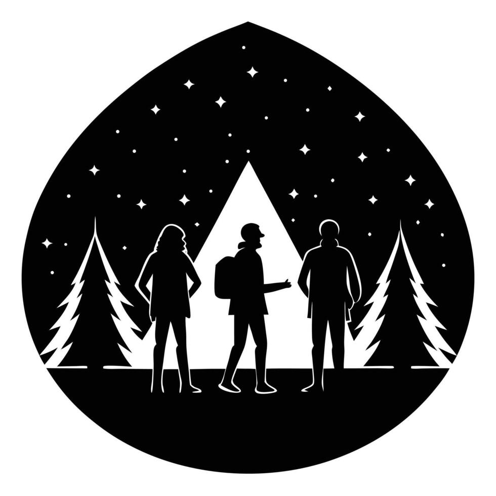 A silhouette of three people standing in front of a campfire vector